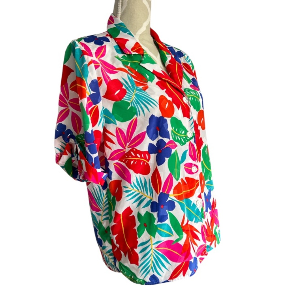 💕 Vintage Elite Canada Short Sleeve Colourful Floral Women's Blouse Size 16 - Picture 2 of 13